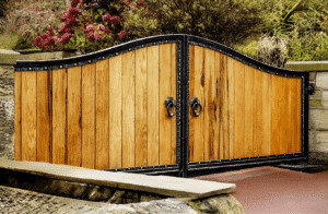 swing gate with metal frame and wooden panels